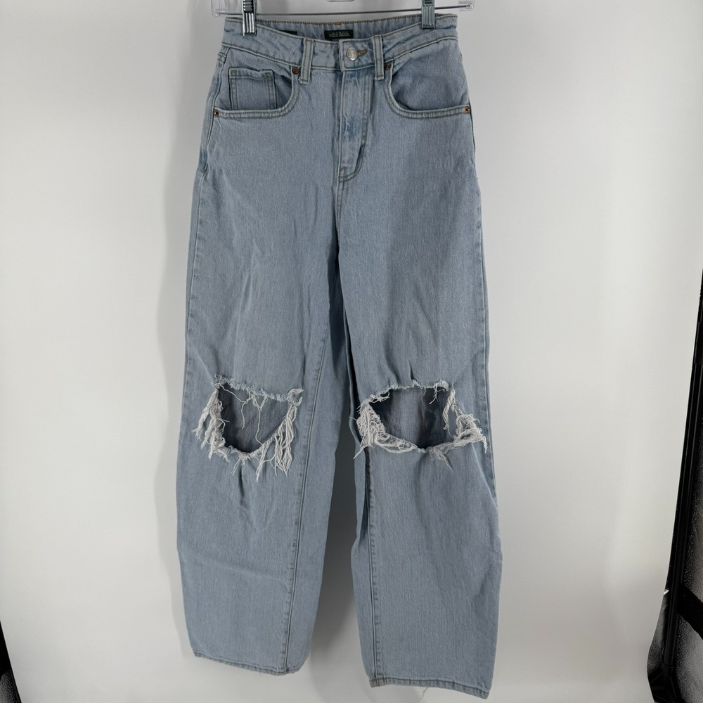 Wild Fable Highest‎ Rise Baggy Jeans Womens 00/24R Blue Denim Cotton Distressed